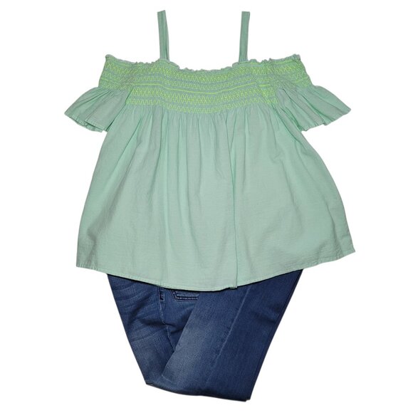 Cat & Jack Other - Cat & Jack Bootcut Jeans Medium Wash Mint Green Off-Shoulder Smocked Top Boho